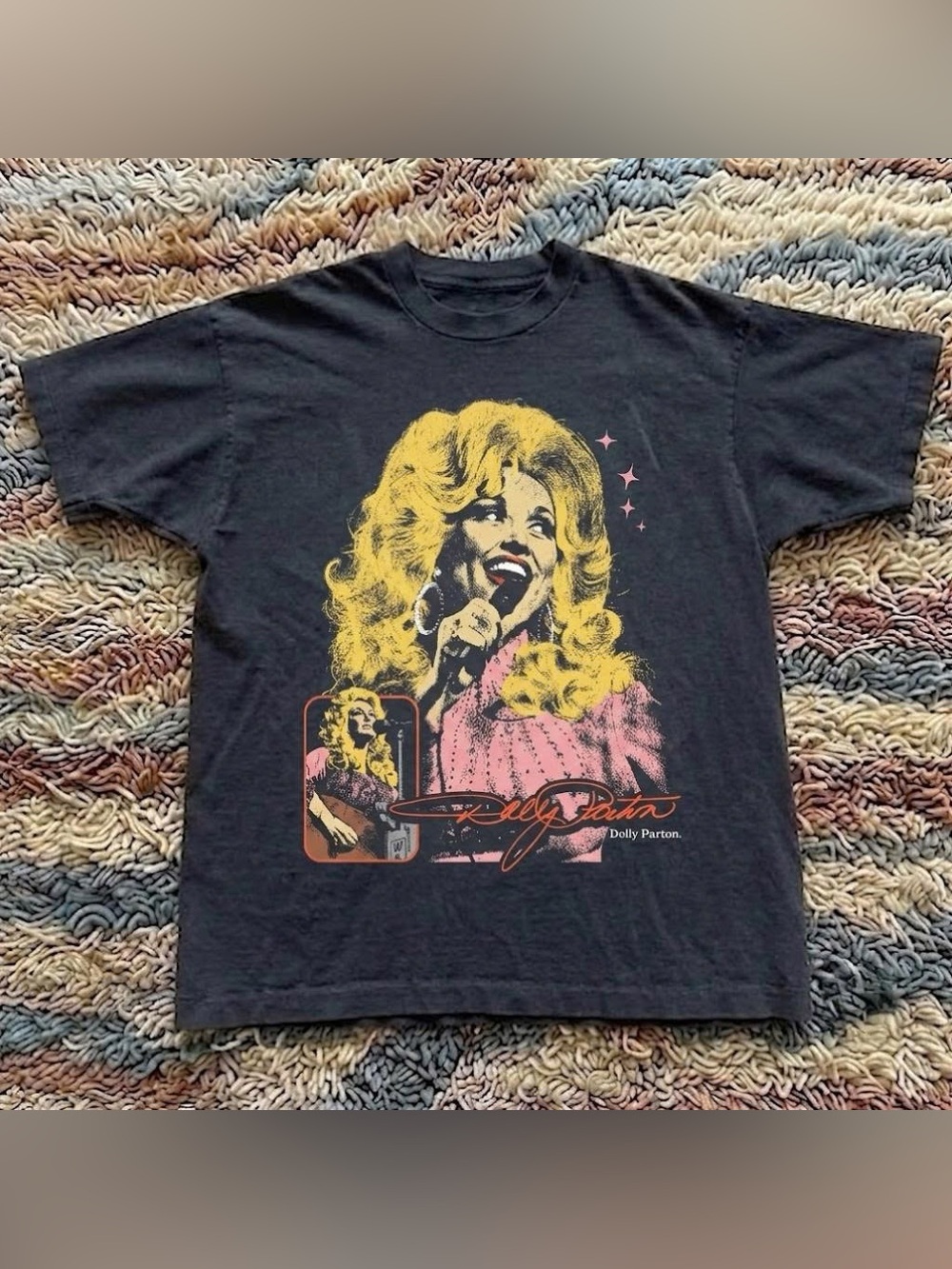 Vintage Black Tee with Yellow & Pink Dolly Parton Graphic